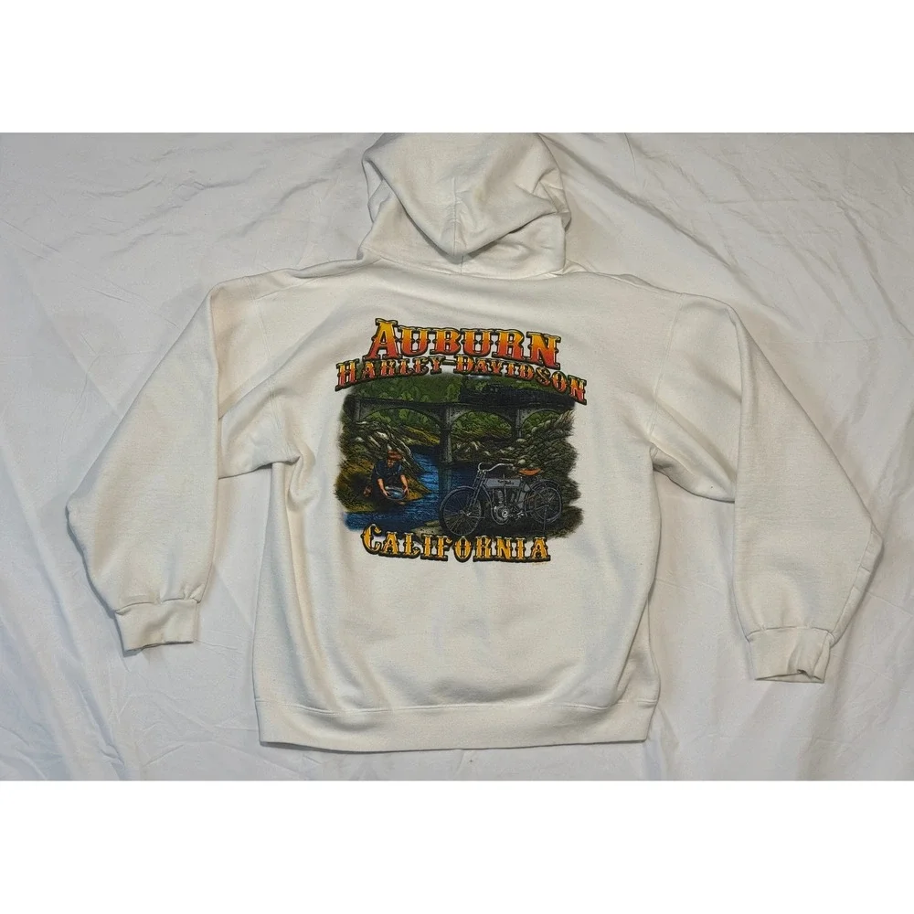 Vintage 2005 Harley Davidson Auburn California Hoodie Cream Pullover Mens XL